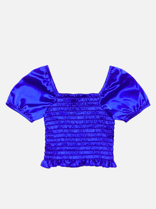 Cheryl Kids Blue Satin Smocked Puff Sleeve Top _6042-8465