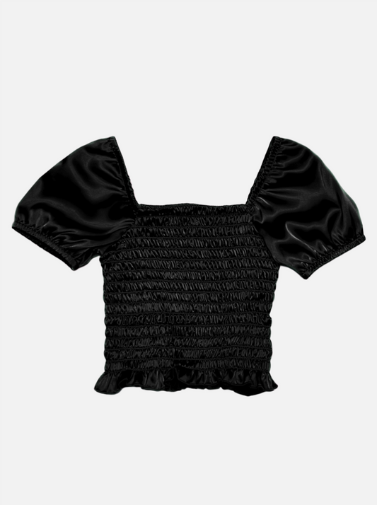 Cheryl Kids Black Satin Smocked Puff Sleeve Top _6032-3110