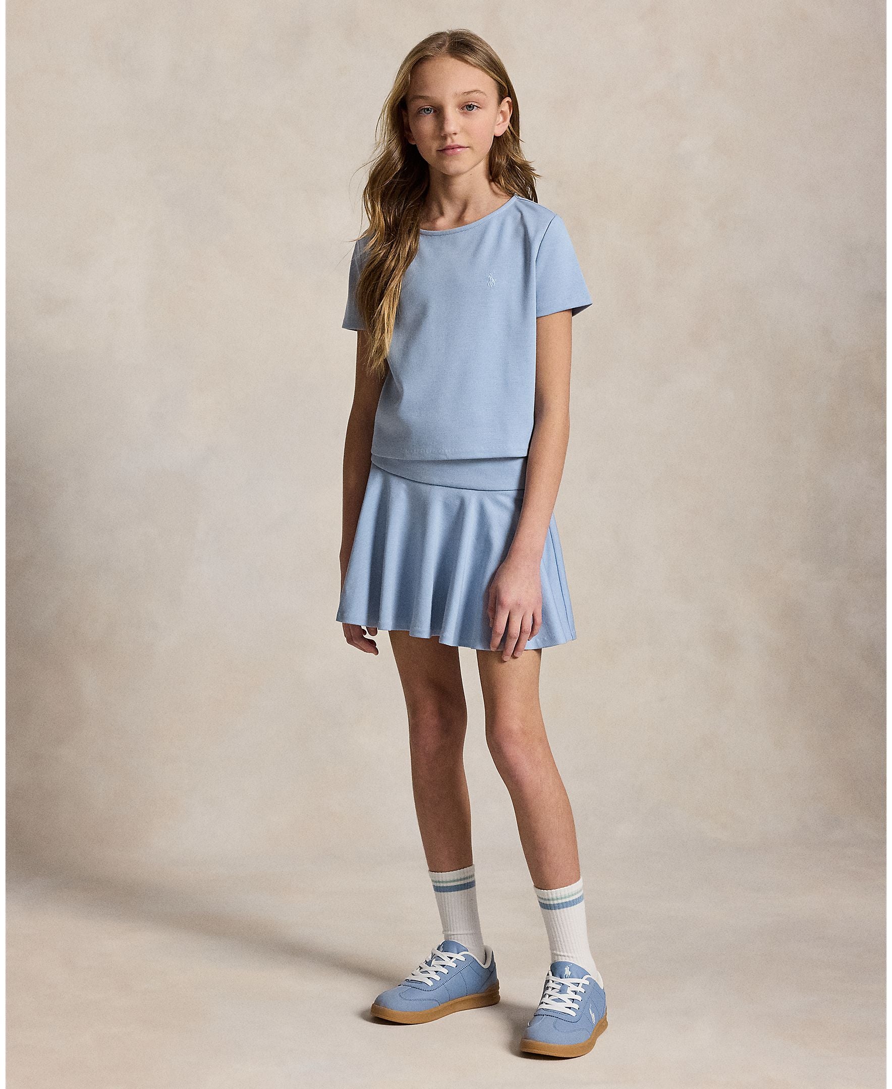 Ralph Lauren Girls Ponte Roma Contrast Stitch Estate Blue Top & Skirt_ 313965215501