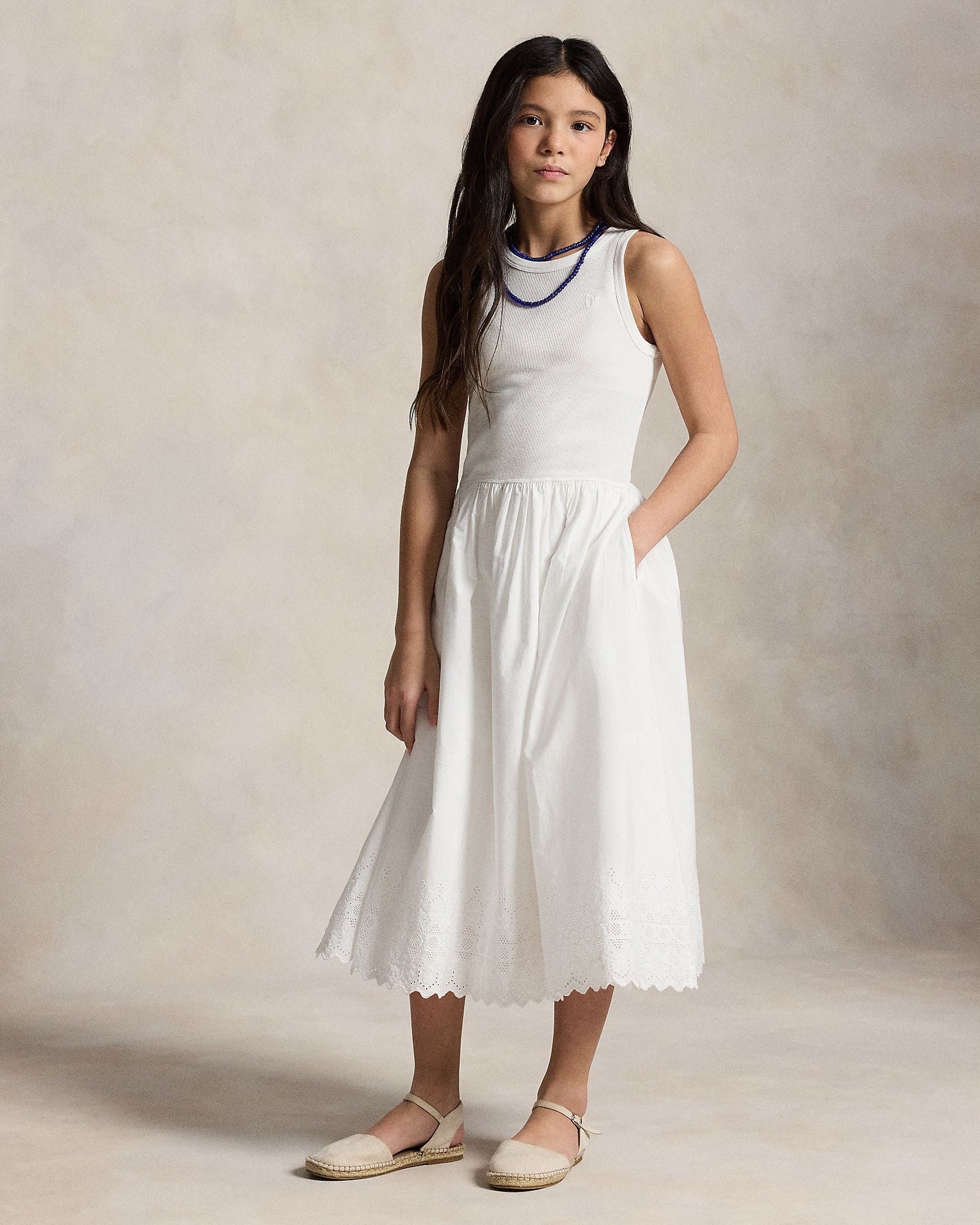 Ralph Lauren Girls Eyelet-Skirt Ribbed Cotton Maxi Dress
