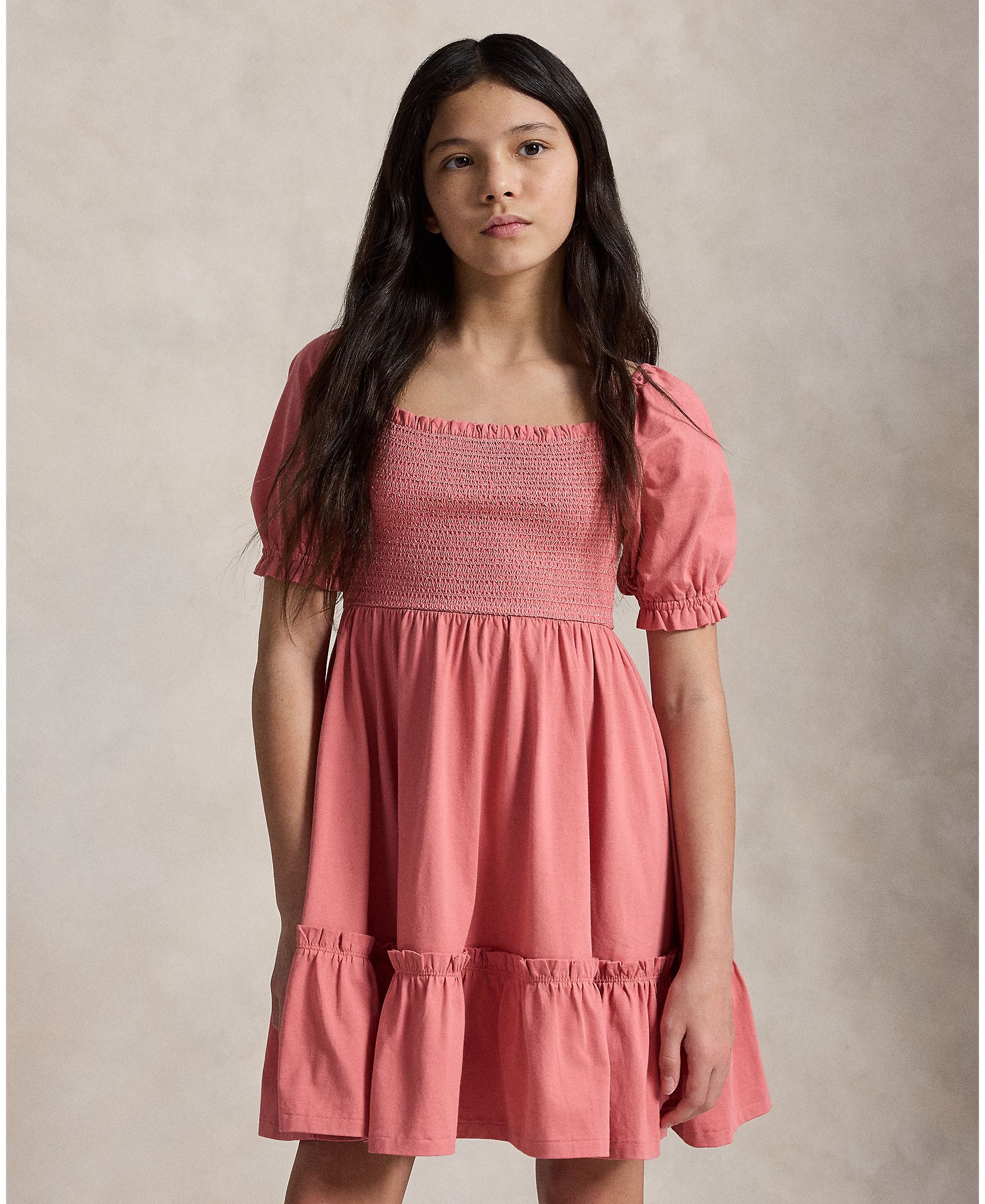 Ralph Lauren Girls Jersey Short Sleeve Pink Smocked Dress_ 313965188500