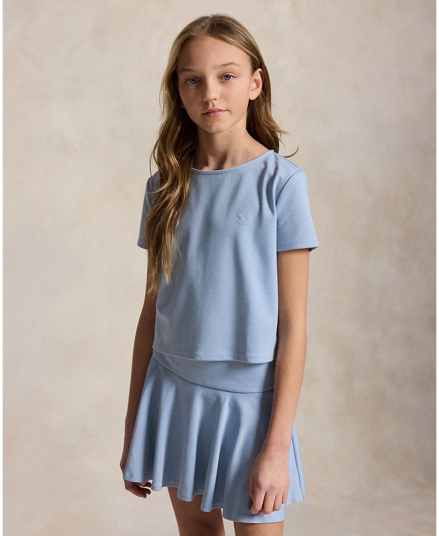 Ralph Lauren Girls Ponte Roma Contrast Stitch Estate Blue Top & Skirt_ 313965215501