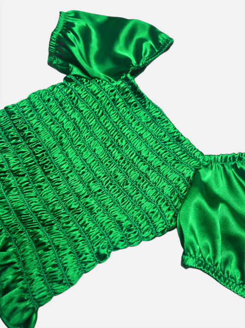 Cheryl Kids Green Satin Smocked Puff Sleeve Top _6042 - 0785 - NorthGirls