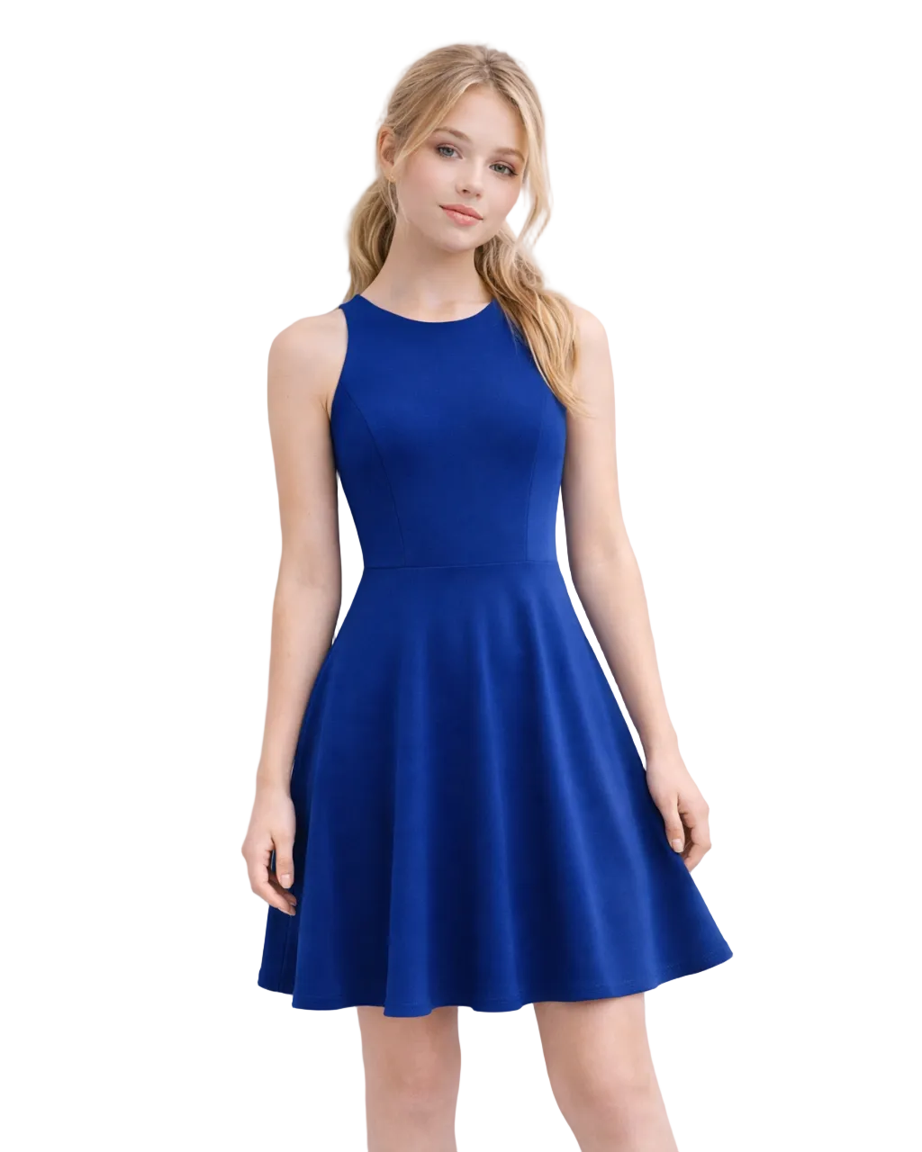 girl wearing a blue dress against a light purple background