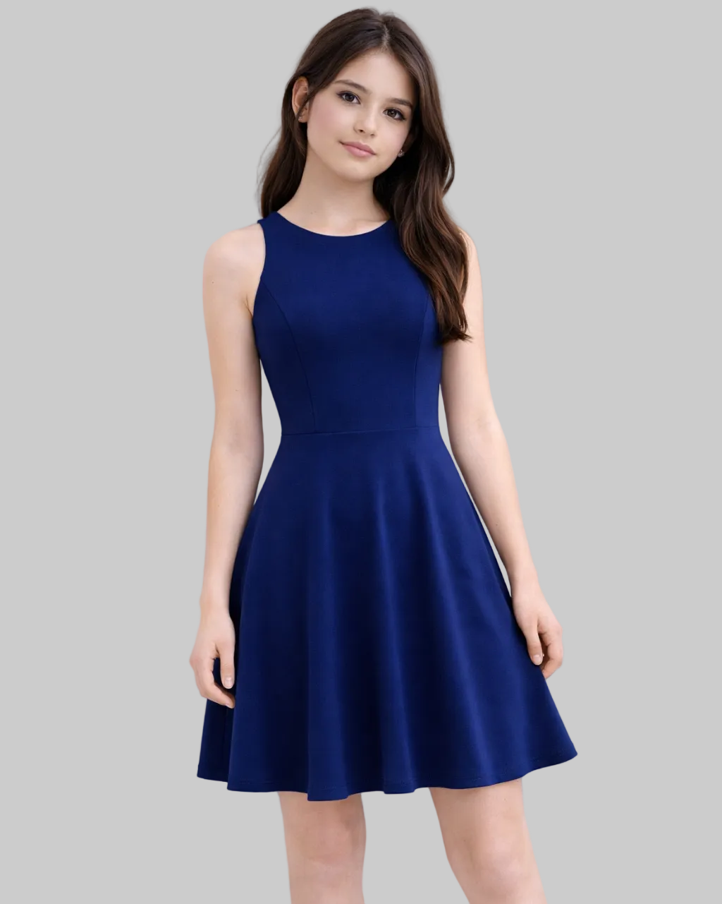 Girl wearing a blue dress against a white background
