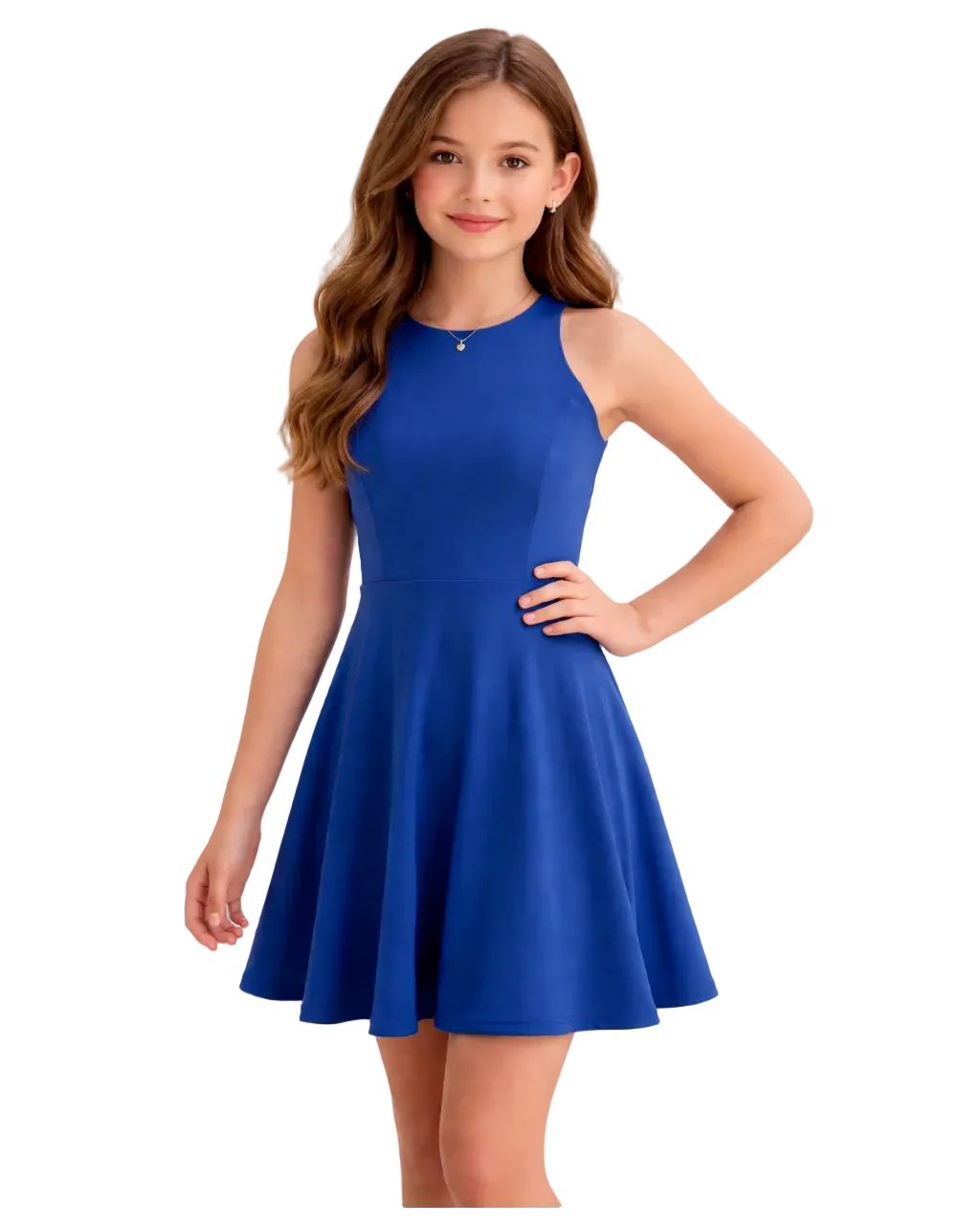 Young girl wearing a blue dress on a white background