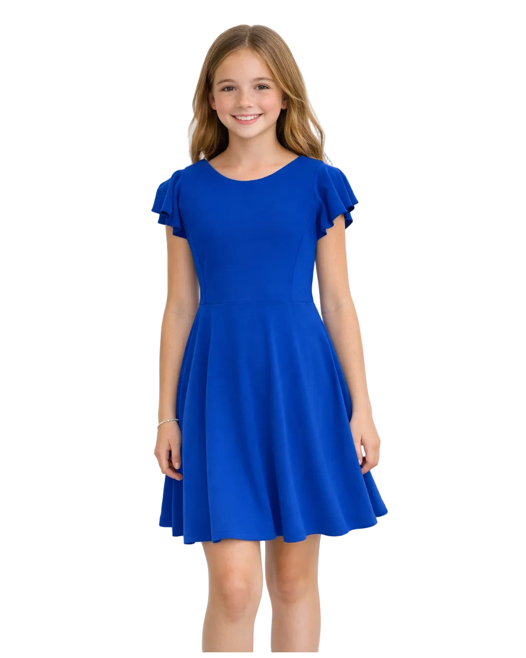 Young girl wearing a blue dress against a white background
