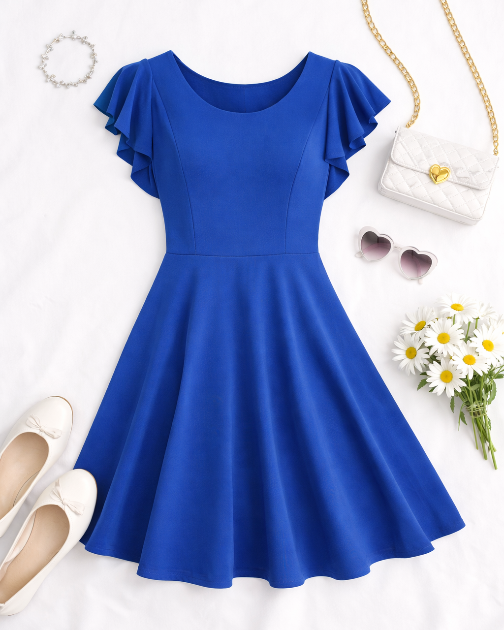 Blue dress with ruffled sleeves, white shoes, handbag, sunglasses, bracelet, and flowers on a white background