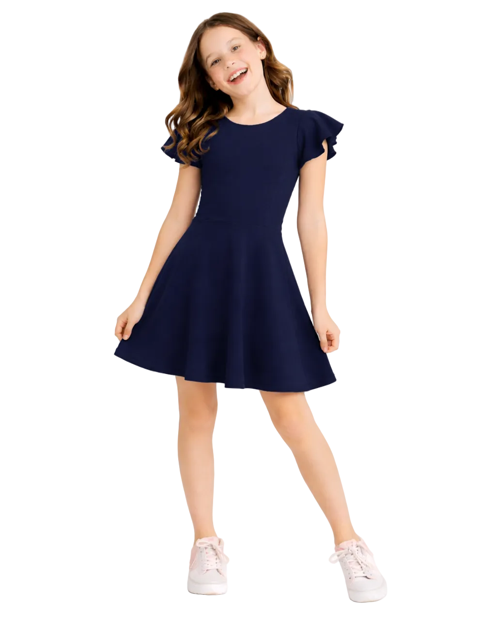 Young girl wearing a navy blue dress on a white background