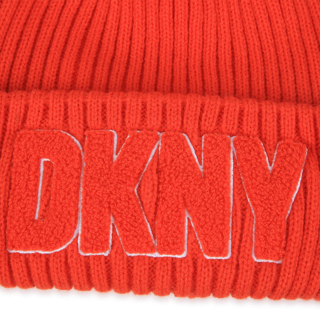 DKNY Junior Orange Knitted Hat With Embroidered Patch _D51000 - 987 - NorthGirls