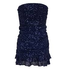 Flatlay of Navy blue sequins  strapless dress  on a white background