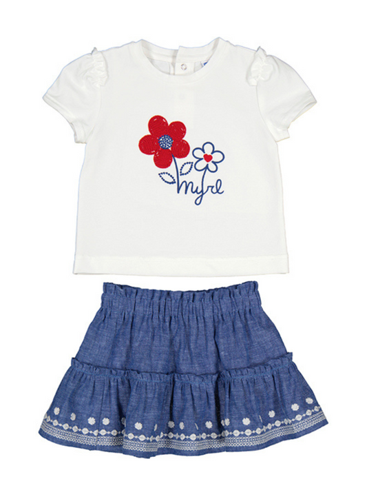 Mayoral Baby White Flower T-Shirt With Embroidered Blue Linen Skirt Set_ 1933-84