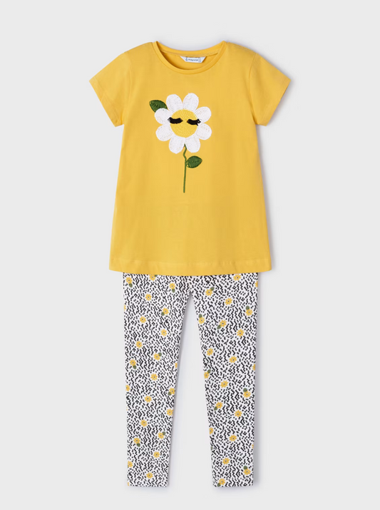 Mayoral Mini Yellow Daisy Short Sleeve Shirt With Print Leggings Set_ 3711-11