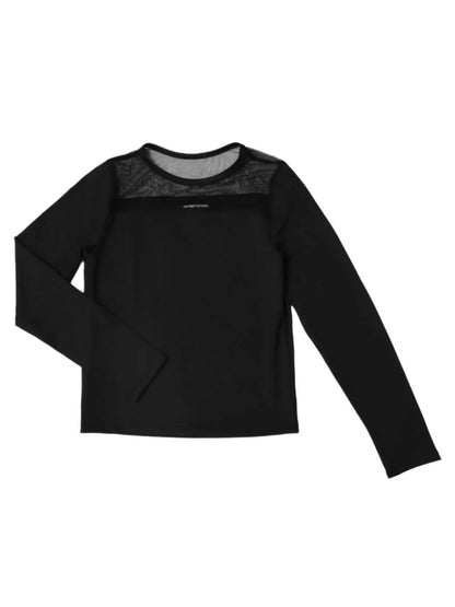 Teen Girls Black With Mesh Long Sleeve Top