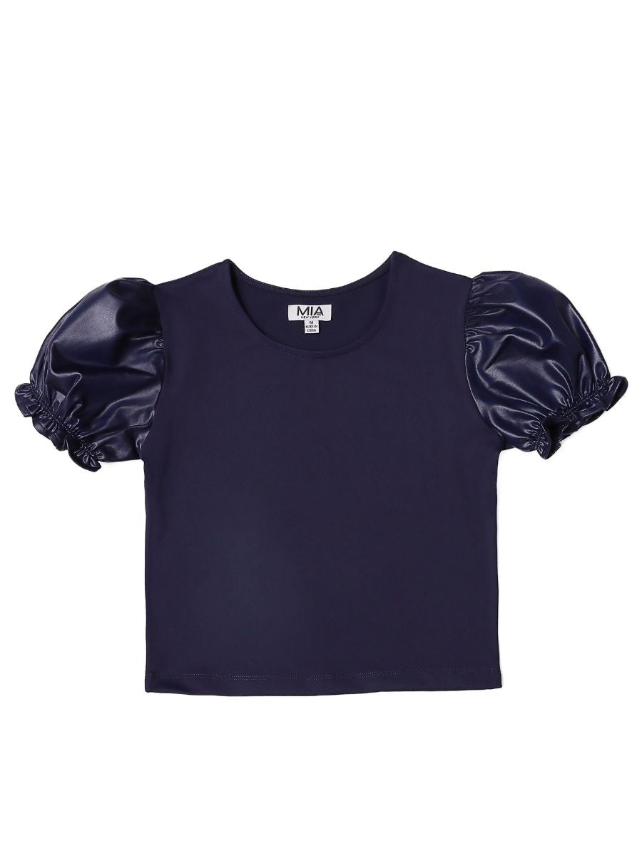 Teen Girls Navy Puff Shimmery Short Sleeve Top