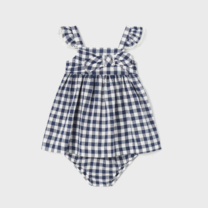 Mayoral Baby Gingham S/S Dress w/Diaper Cover _Navy 1963-049