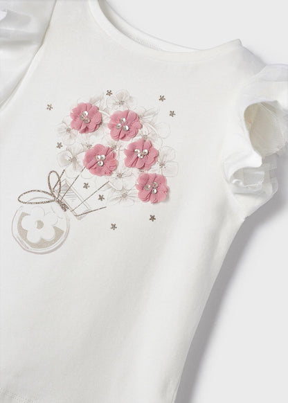 Mayoral Mini T-Shirt w/Tulle & Flower Graphic _Off White/Pink 3054-81