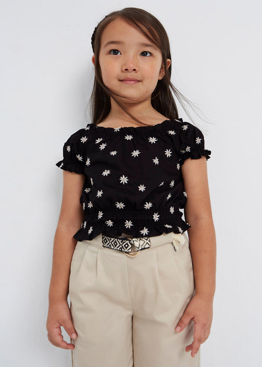 Mayoral Mini S/S Blouse w/Embroidered Flowers _Black 3139-72