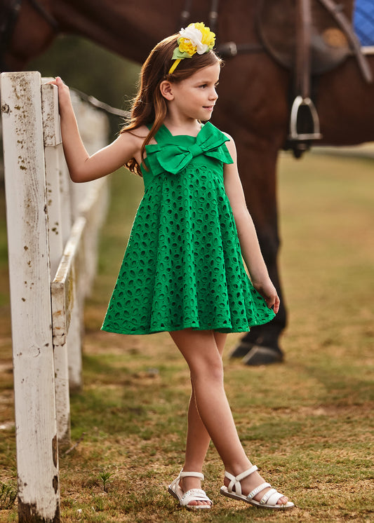 Mayoral Mini Sleeveless Dress w/Eyelet Lace Overlay & Bow _Green 3916-42