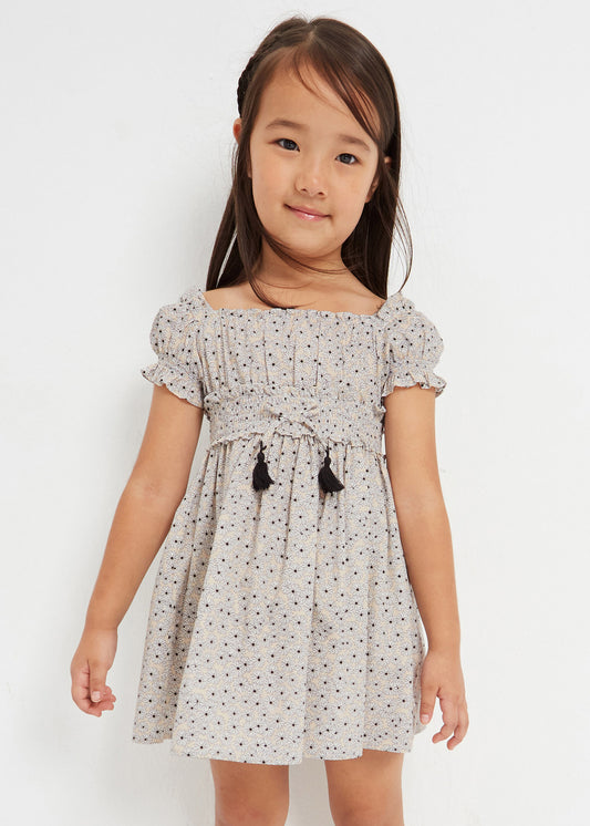 Mayoral Mini Puff Sleeve Dress w/Gathered Waist & Allover Print _Beige 3924-83