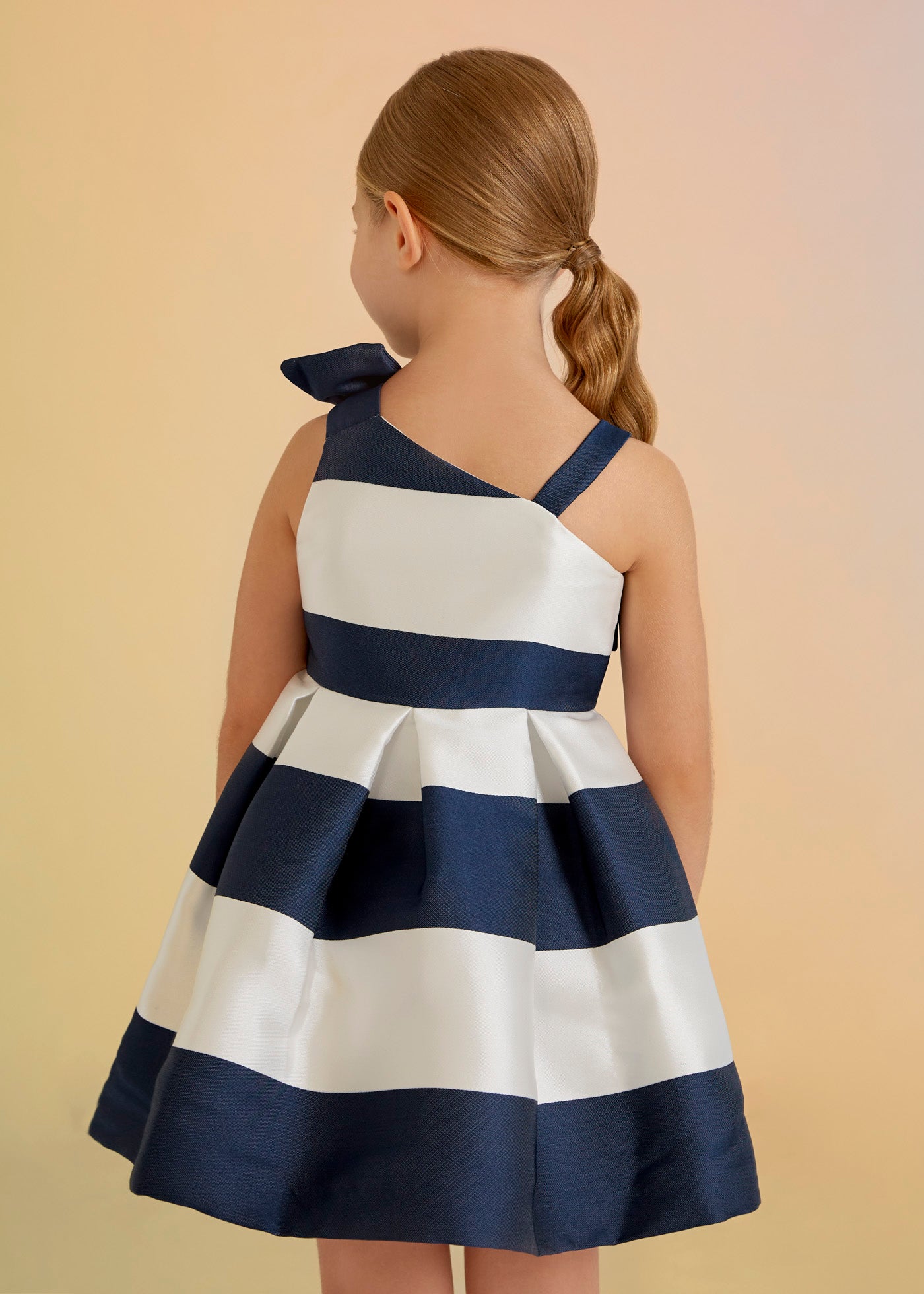 Abel & Lula Sleeveless Asymmetrical Striped Dress w/Box Pleats