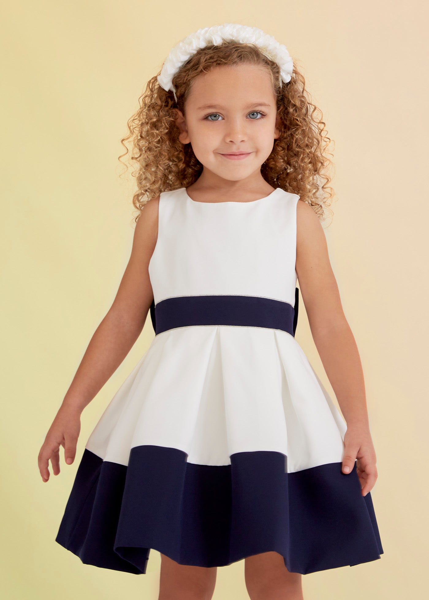 Abel & Lula Sleeveless Dress w/Contrast Belt & Hem _White 5046-002