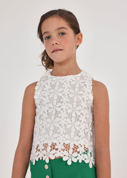 Mayoral Junior Tank Top w/Flower Lace _Off White 6064-078