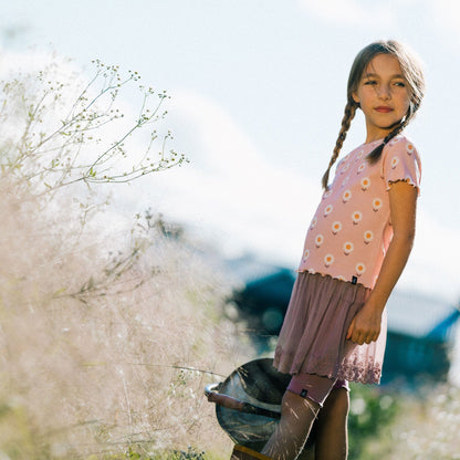 Deux Par Deux Ribbed T-Shirt w/Daisies _Pink E30YM70-074