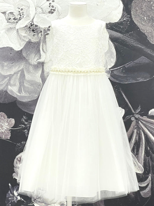 JL Sleeveless Tulle Lace Dress w/Pearls _White KD456B