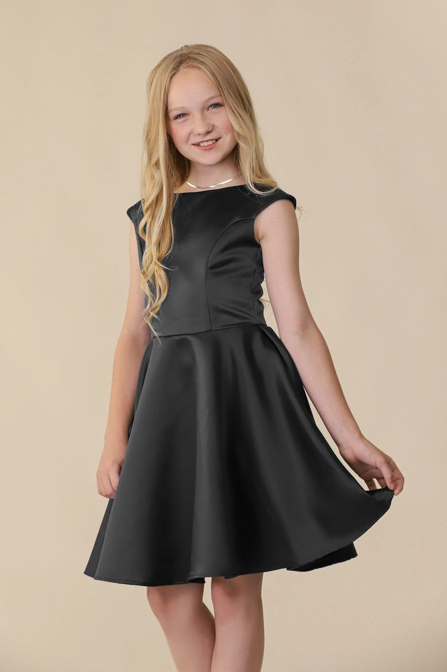 UDT Cap Sleeve Satin Dress _Black T3886K-BLK