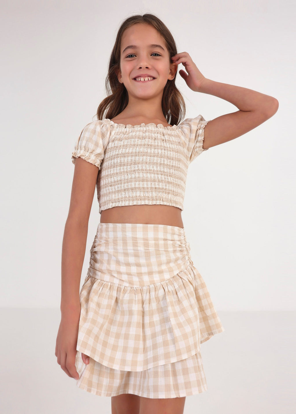 Mayoral Junior Tiered Gingham Skirt _Beige 6904 - 083 - NorthGirls