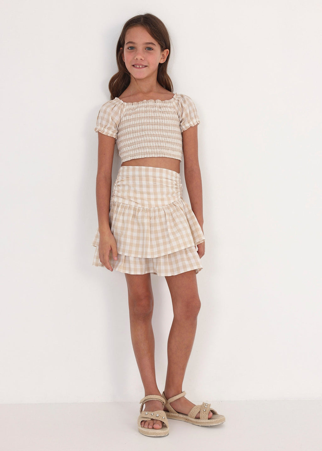 Mayoral Junior Tiered Gingham Skirt _Beige 6904 - 083 - NorthGirls
